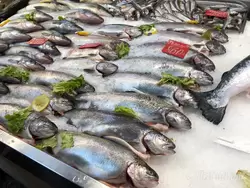 Прилавок с рыбой на Сенном рынке (апрель 2022)
